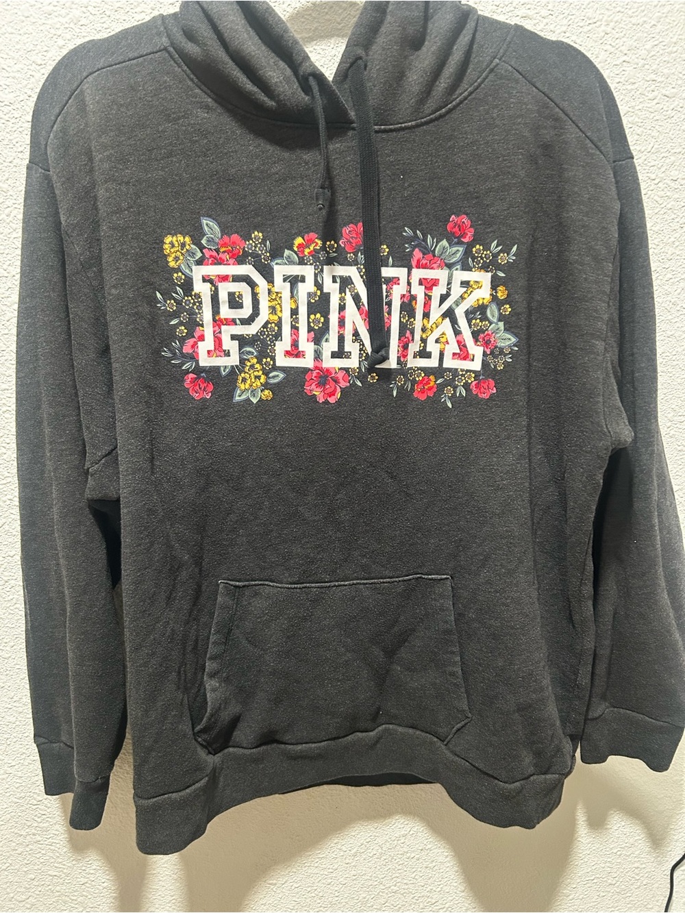 PINK Victoria's Secret Black Floral Logo Hoodie Sweatshirt
